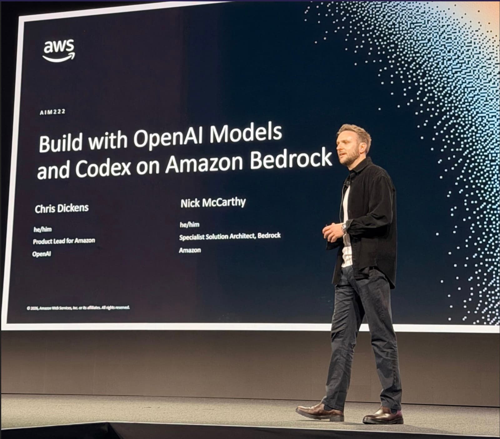 Nick McCarthy presenting on stage at the AWS New York Summit